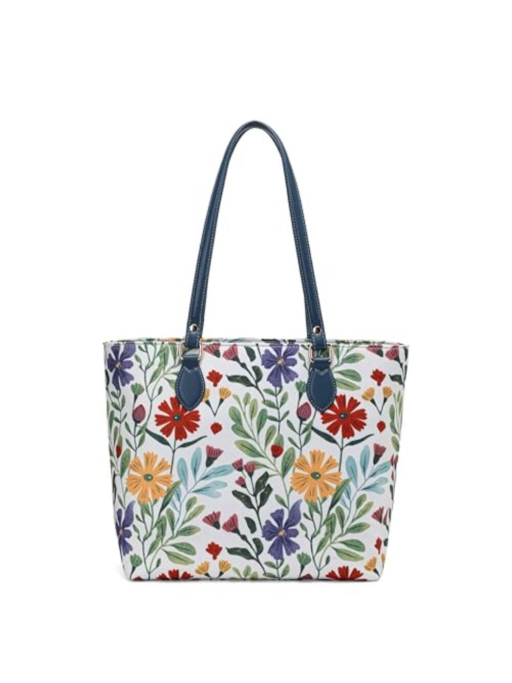 Nylon Tote Bag with Zipper Waterproof Floral Print Vegan Leather Handles
